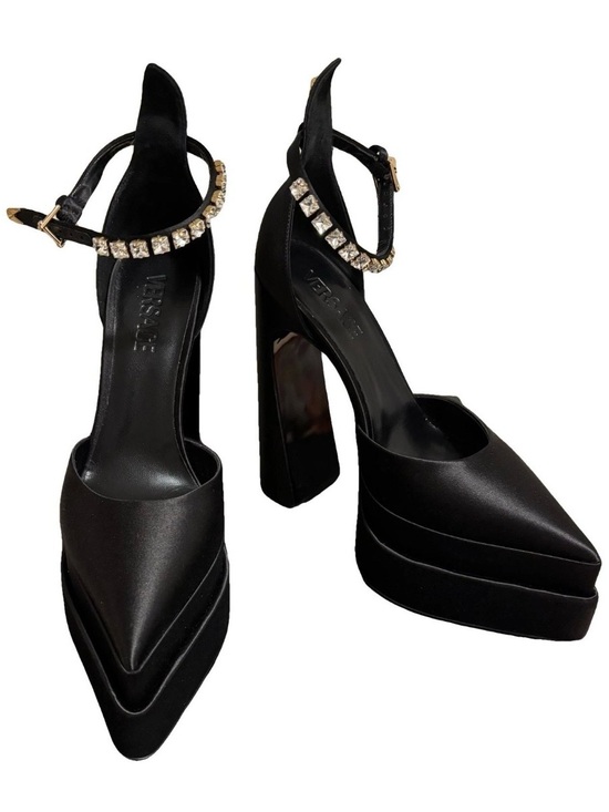 Versace Shoes - Versace Black Satin Crystal-Ankle Platform Pumps